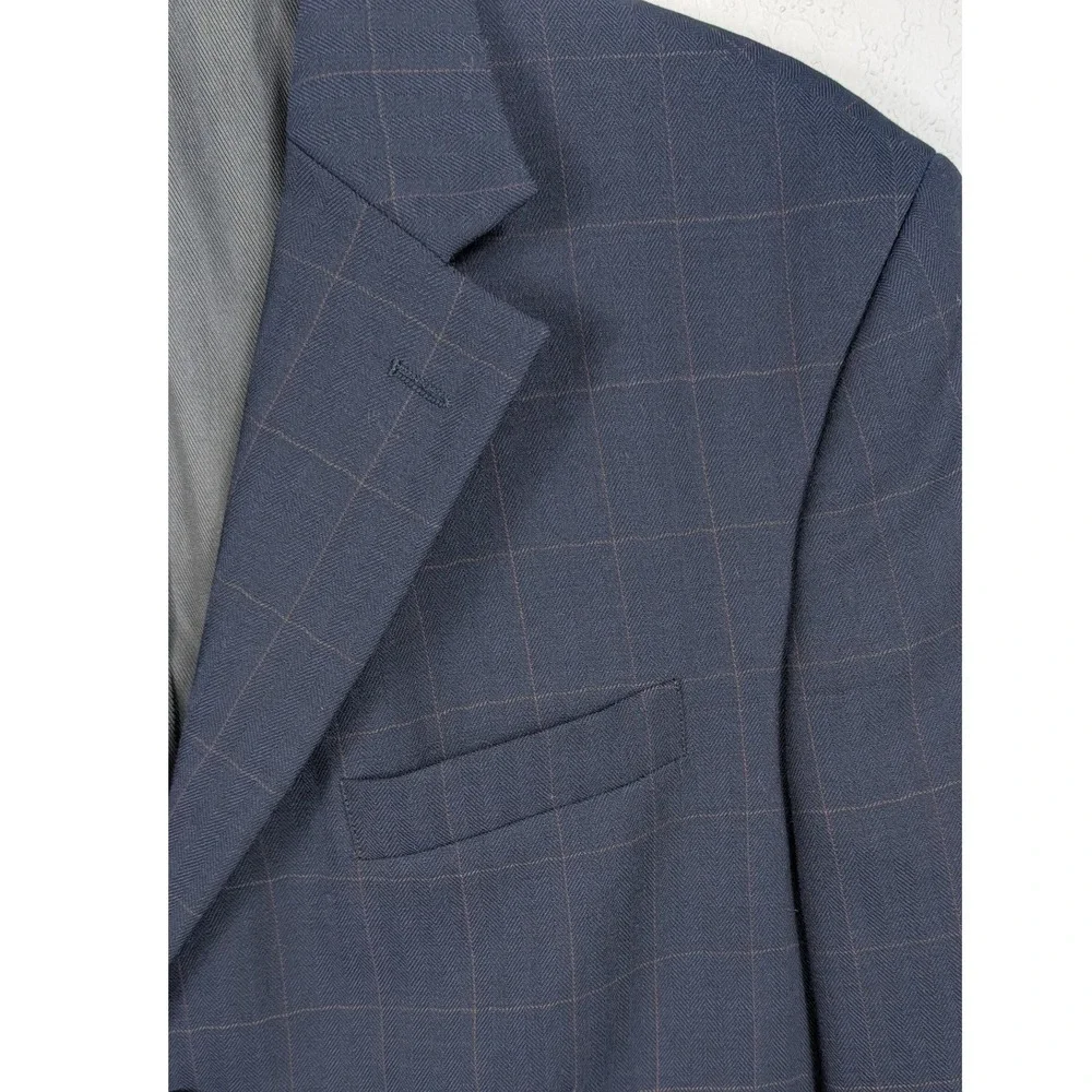 Oscar de la Renta Blazer Mens 41L Blue Brown Windowpane Plaid 100% Wool 3-Button
